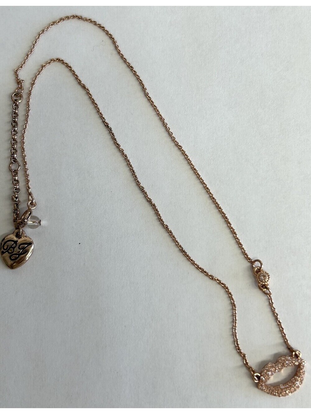 Betsy Johnson Necklace. Rose Color With Diamond Simulated Lips. 15-17 Inch. Box